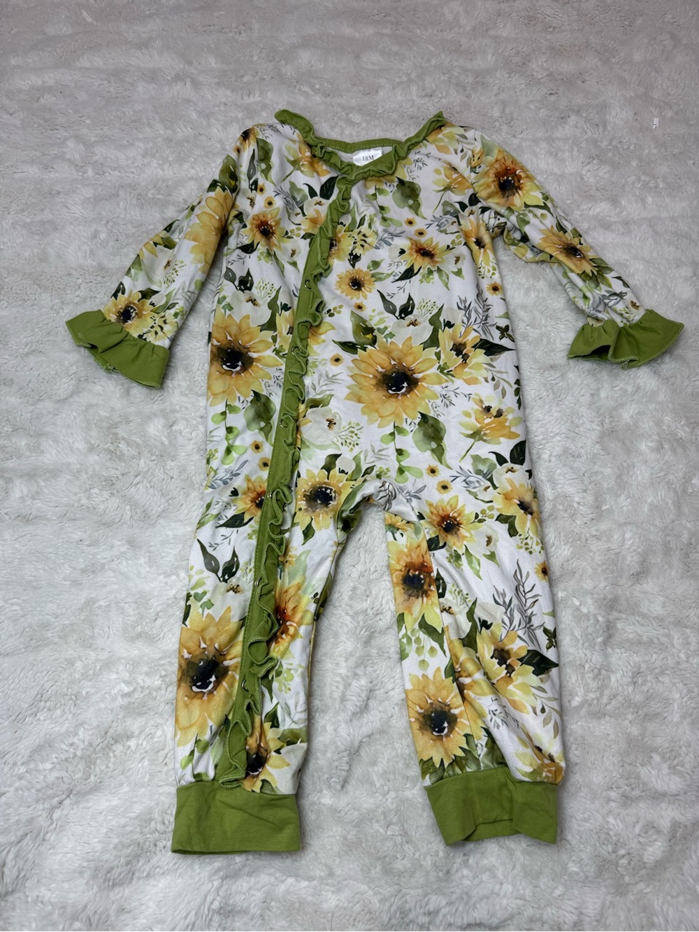 Sunflower Ruffle Front Footie One-Piece in Green and Yellow - Picture 2 of 4